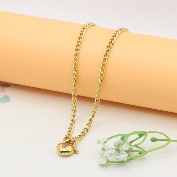 Chunky Gold Chain Necklace with Heart Pendant and Pink Stone, XPNL0372 - Picture 2 of 13